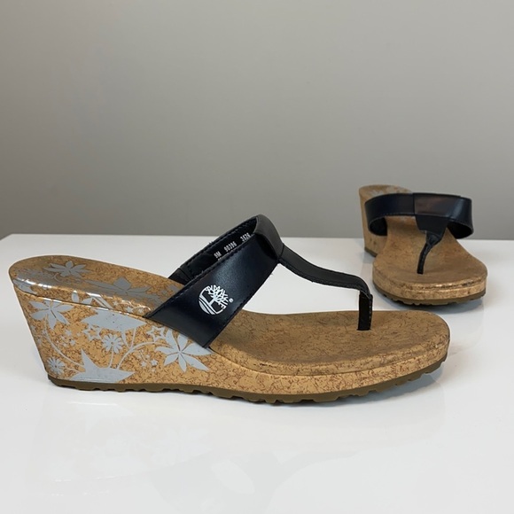 Timberland Black Leather Cork Wedge Sandals Size 9 - Picture 1 of 15